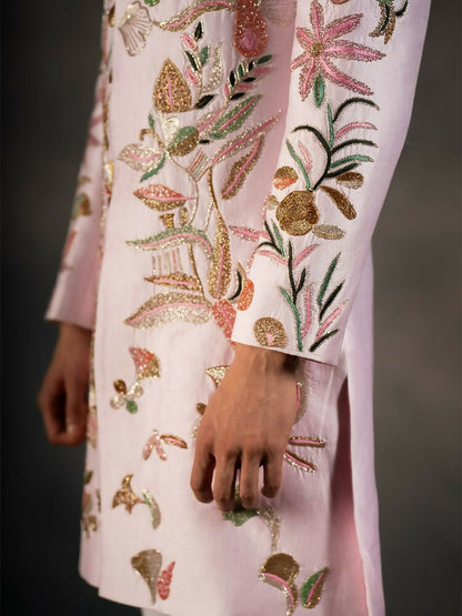 Pink Hand Embroidered Indowestern Sherwani by Hilo Design