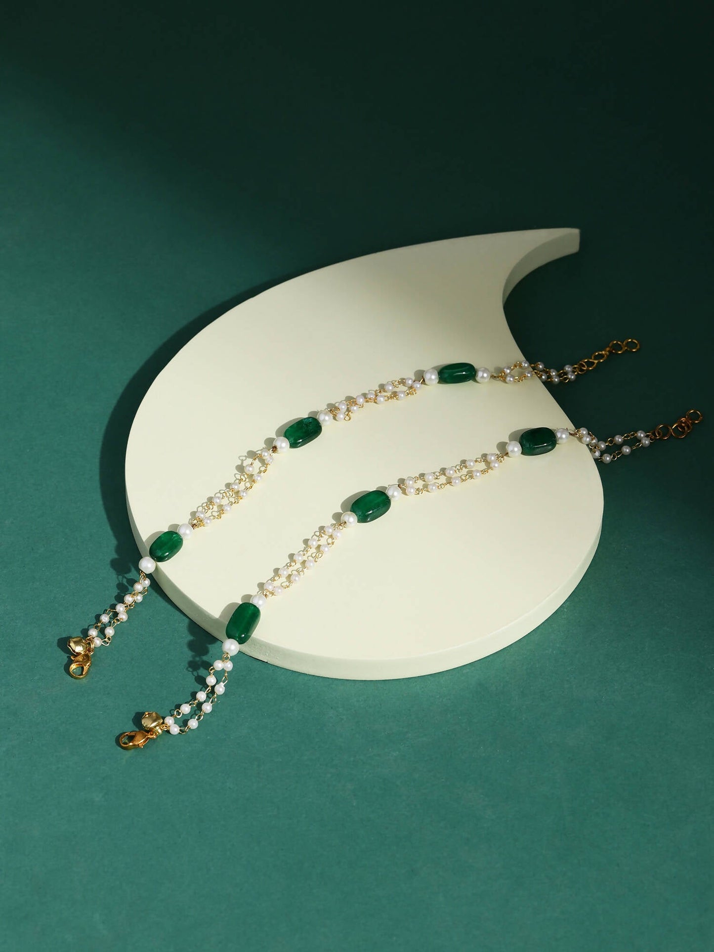 Gold-Polished White Green Pearl Beaded Anklets - Ruby Raang