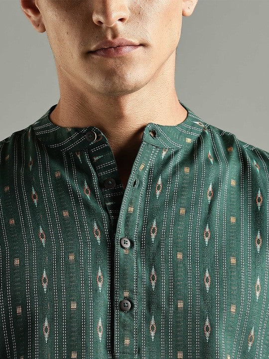 Anouk Striped Thread Work Kurta Green