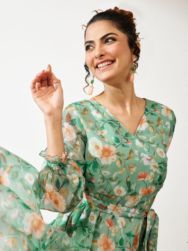 Janasya Mint Fit & Flare Chiffon Dress