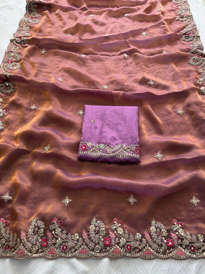 Teeya Creation New Womens Latest Party Wear Soft Chiffon Silk Saree-Peach