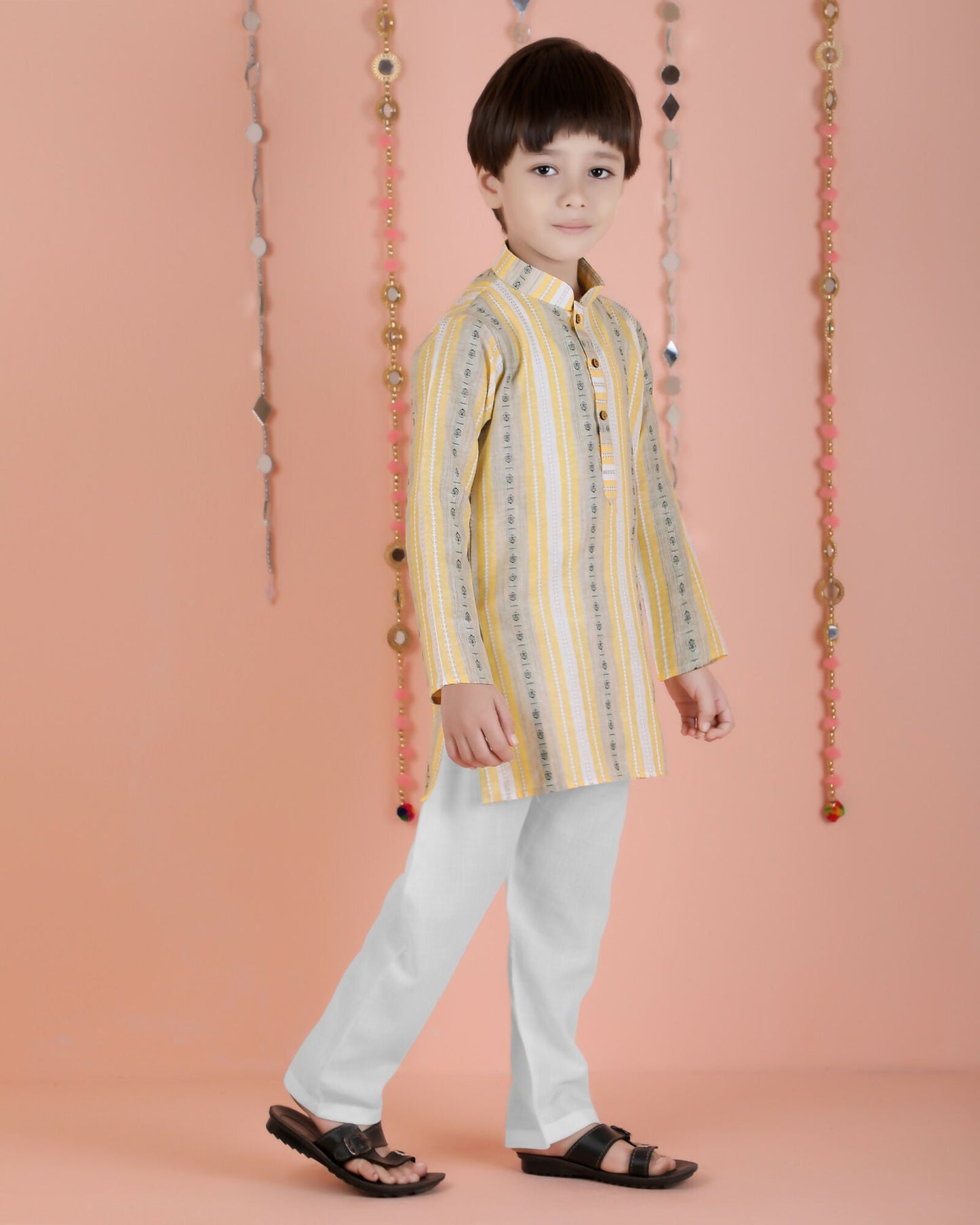 Joban Fashion Kids Island Cotton Full Sleeves Striped Kurta and Pyjama- Yellow