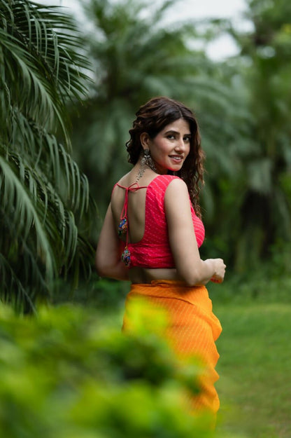 Amodini Designer Studio Women's Coral Chinon Lehriya Sleeveless Blouse