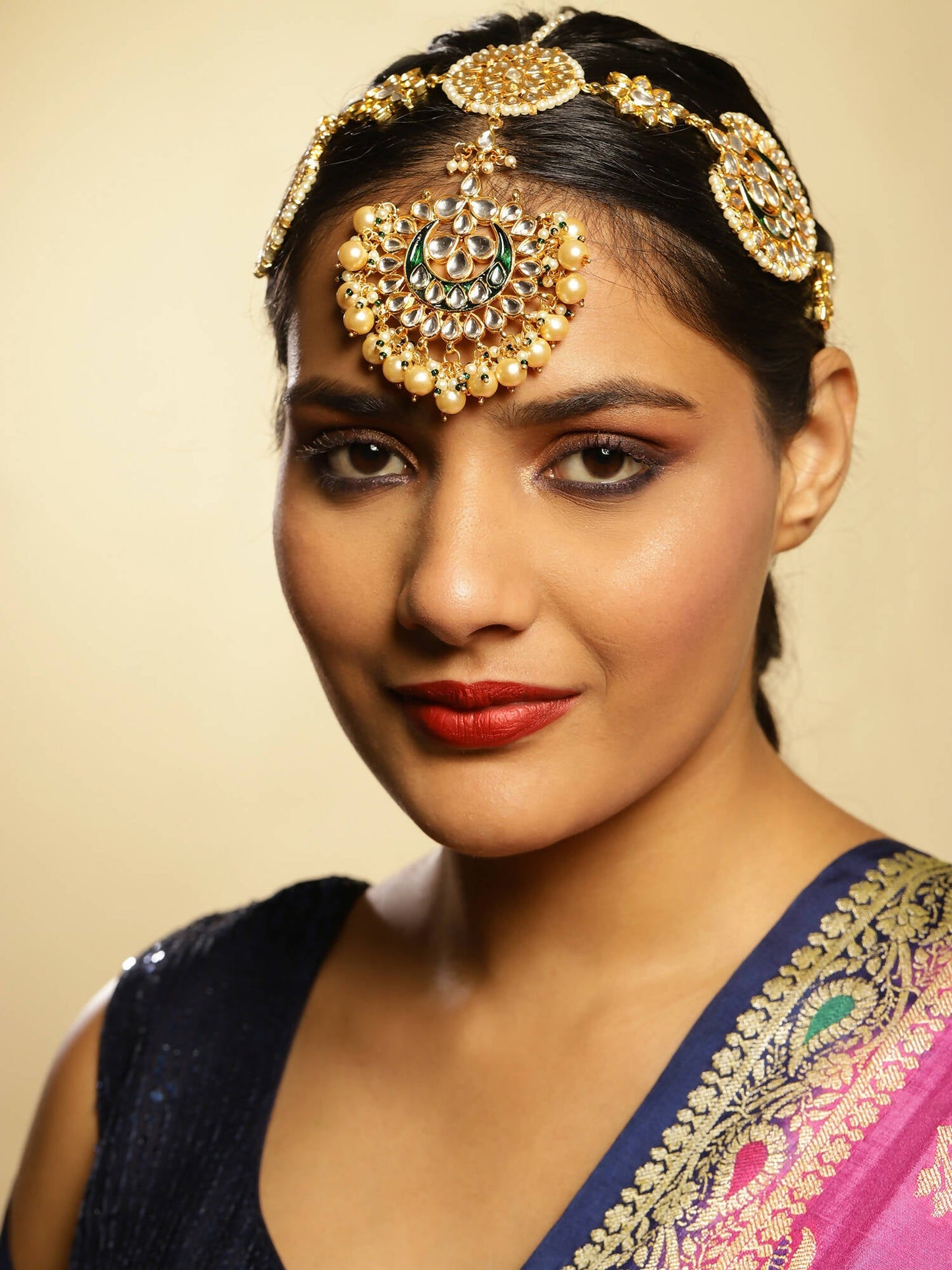 Gold-Polished White Kundan-Studded Pearl Beaded Matha Patti - Ruby Raang