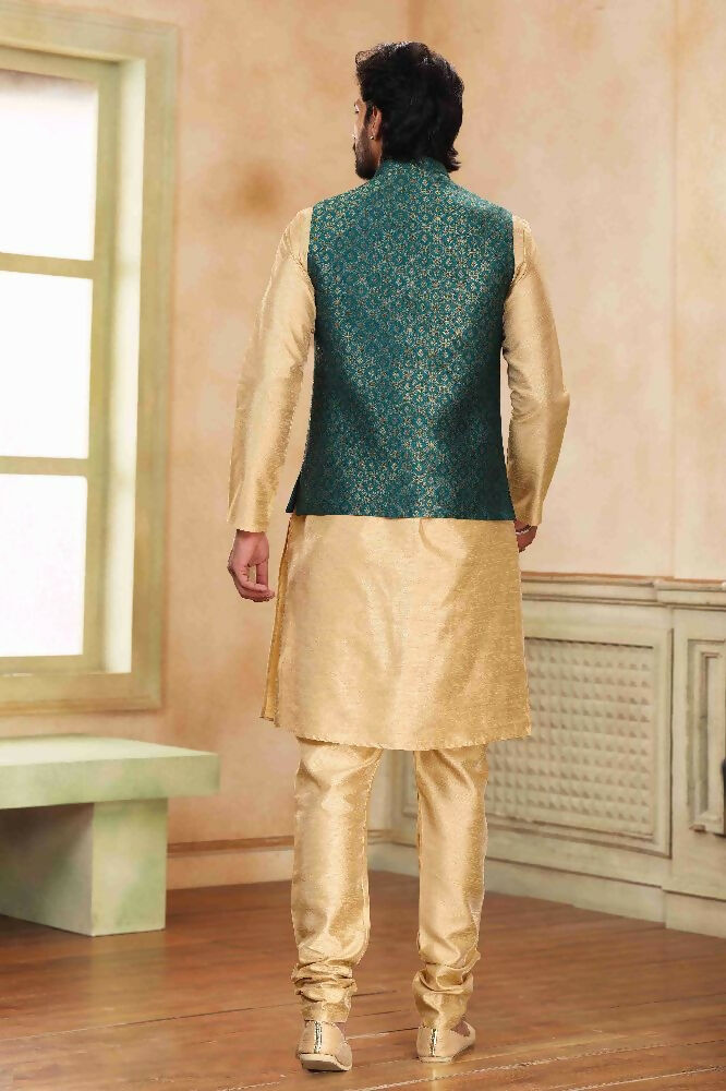 Raivat Ethnic Jacquard Banarasi Silk Woven Work 3 Pics Jacket Set In Green Colour