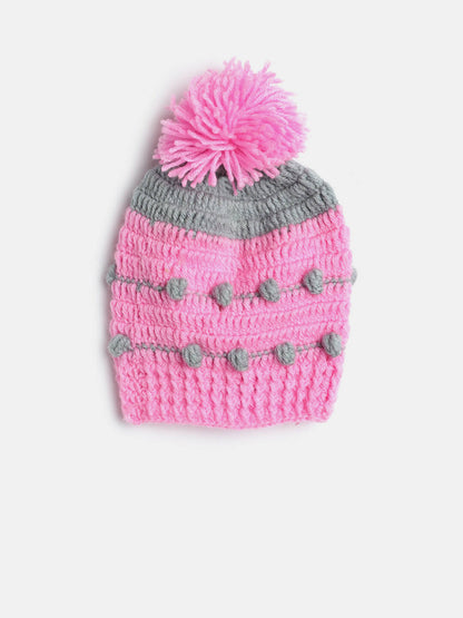Chutput Kids Woollen Hand Knitted Pom Pom Detail Cap - Pink