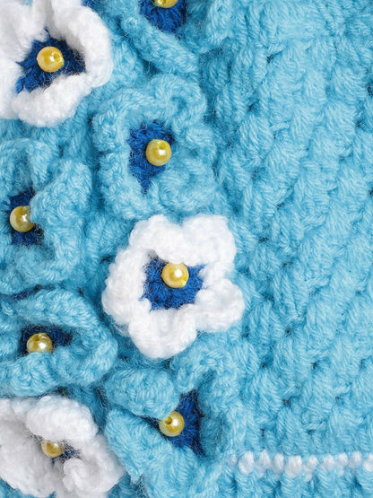Chutput Kids Woollen Hand Knitted Pearl Embellished Floral Detailed Cap - Blue