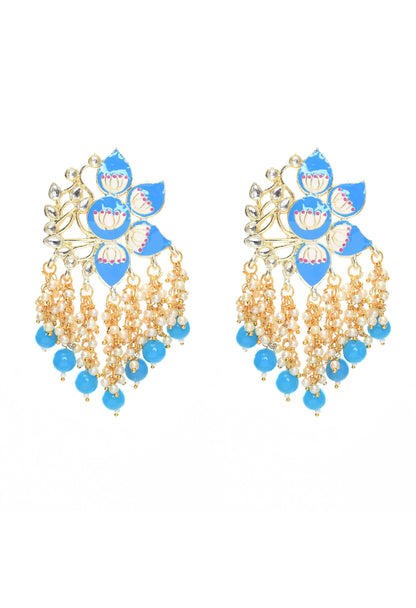 Mominos Fashion Johar Kamal Gold-Polished Kundan Sky Blue Meenakari Earrings