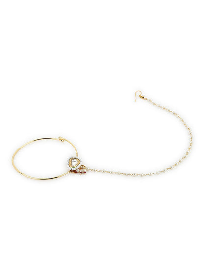 Gold-Polished White Kundan Studded Nose Pin With Beaded Extension - Ruby Raang