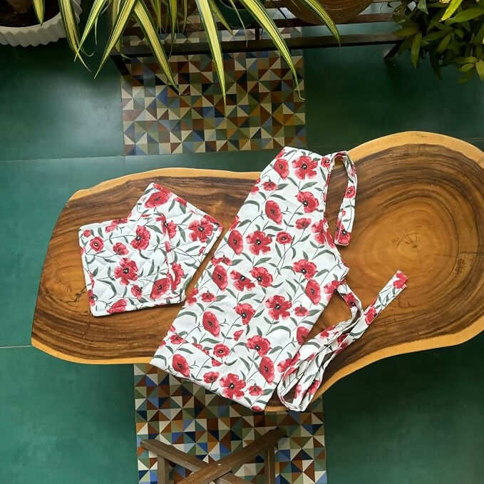 Oak & Lily 100% Cotton Kitchen Apron-Red Poppy Flower