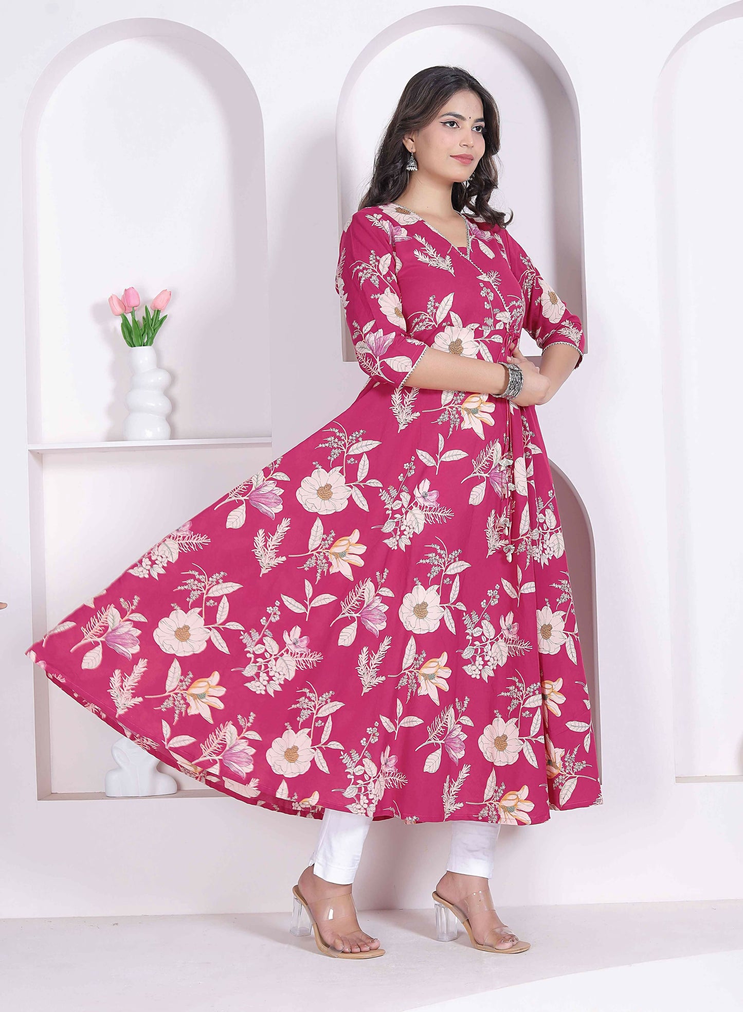 Miravan Womens Pink Floral Printed Angrakha Kurta
