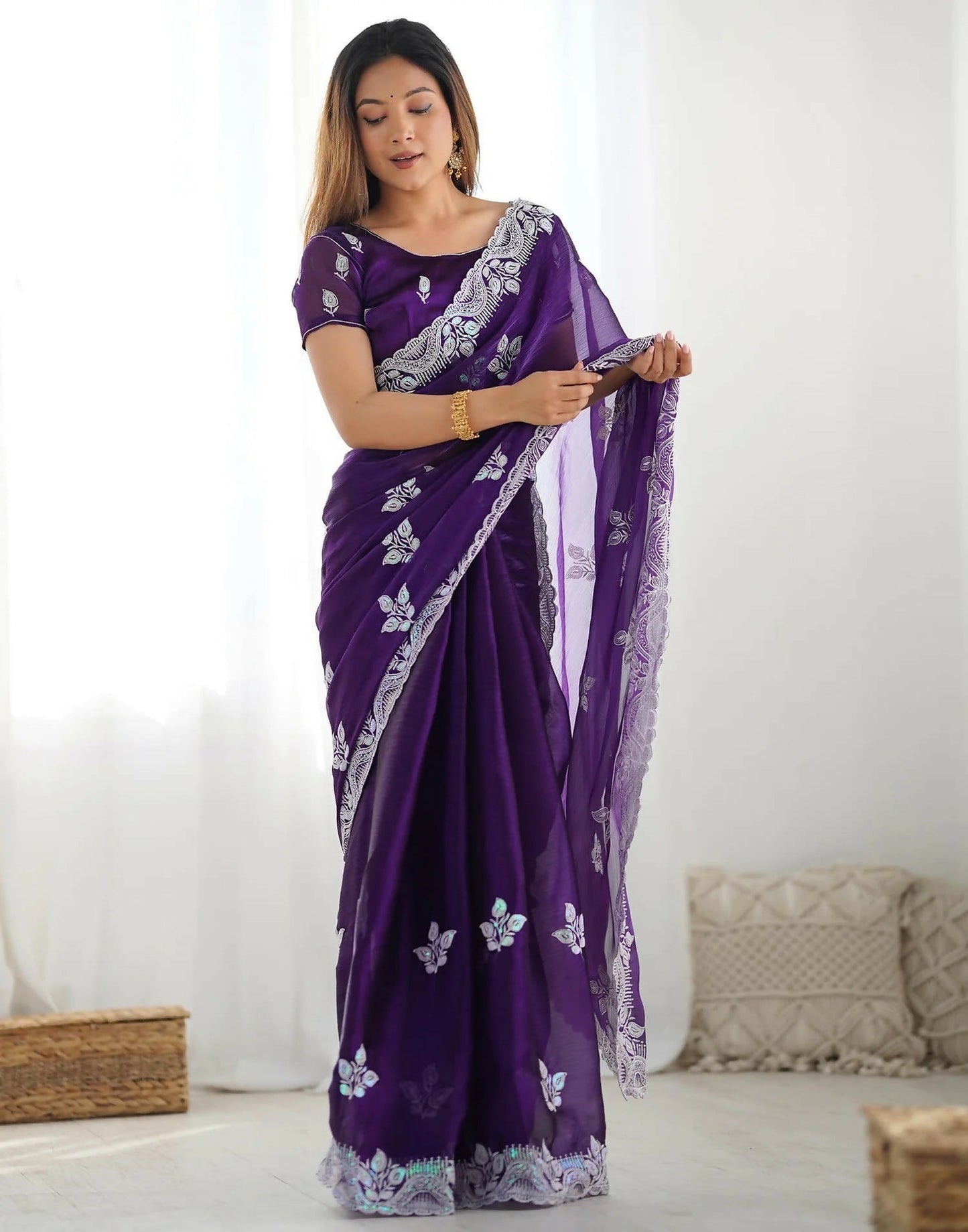 Joban Fashion Shimmer Chiffon Pastel Purple Color Sequence Saree