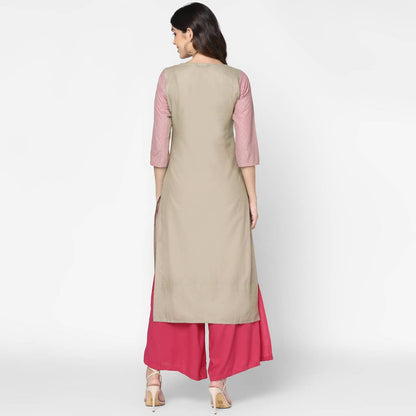 Cheera Hand Block Print Khaki Straight Kurta (MAAI-051K)