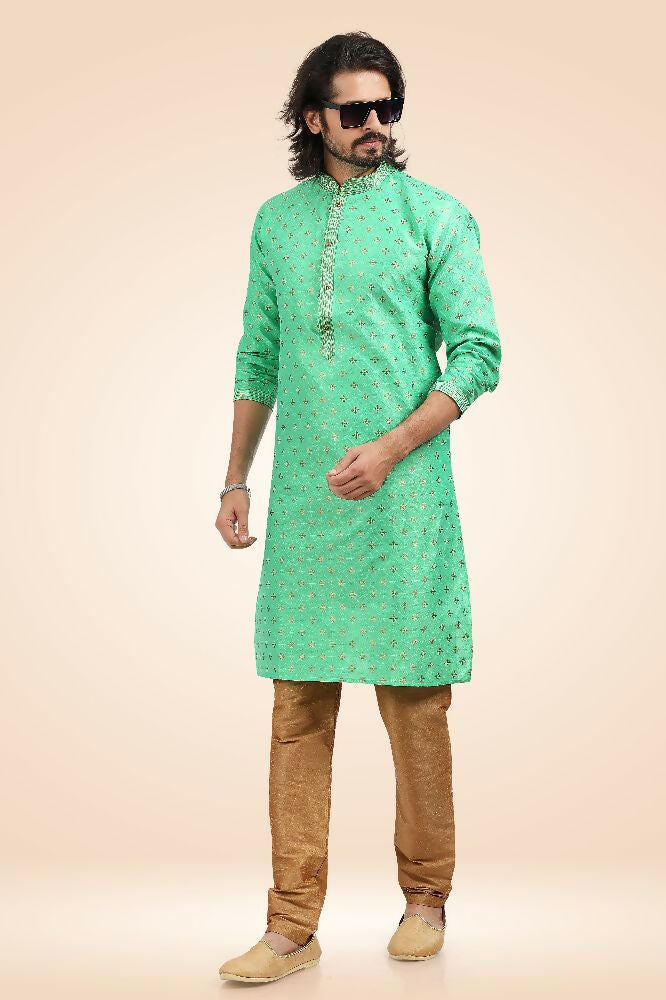 Raivat Ethnic Jacquard Banarasi Silk Pintux Work Kurta Pajama In Green Colour