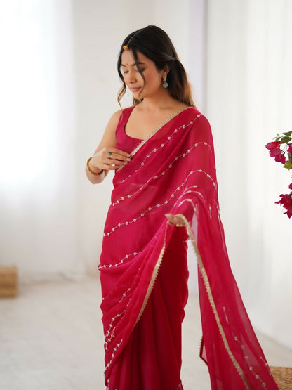 Pink Sitara Chiffon Designer Beads Moti,Val Sequence Work Saree - Noorie