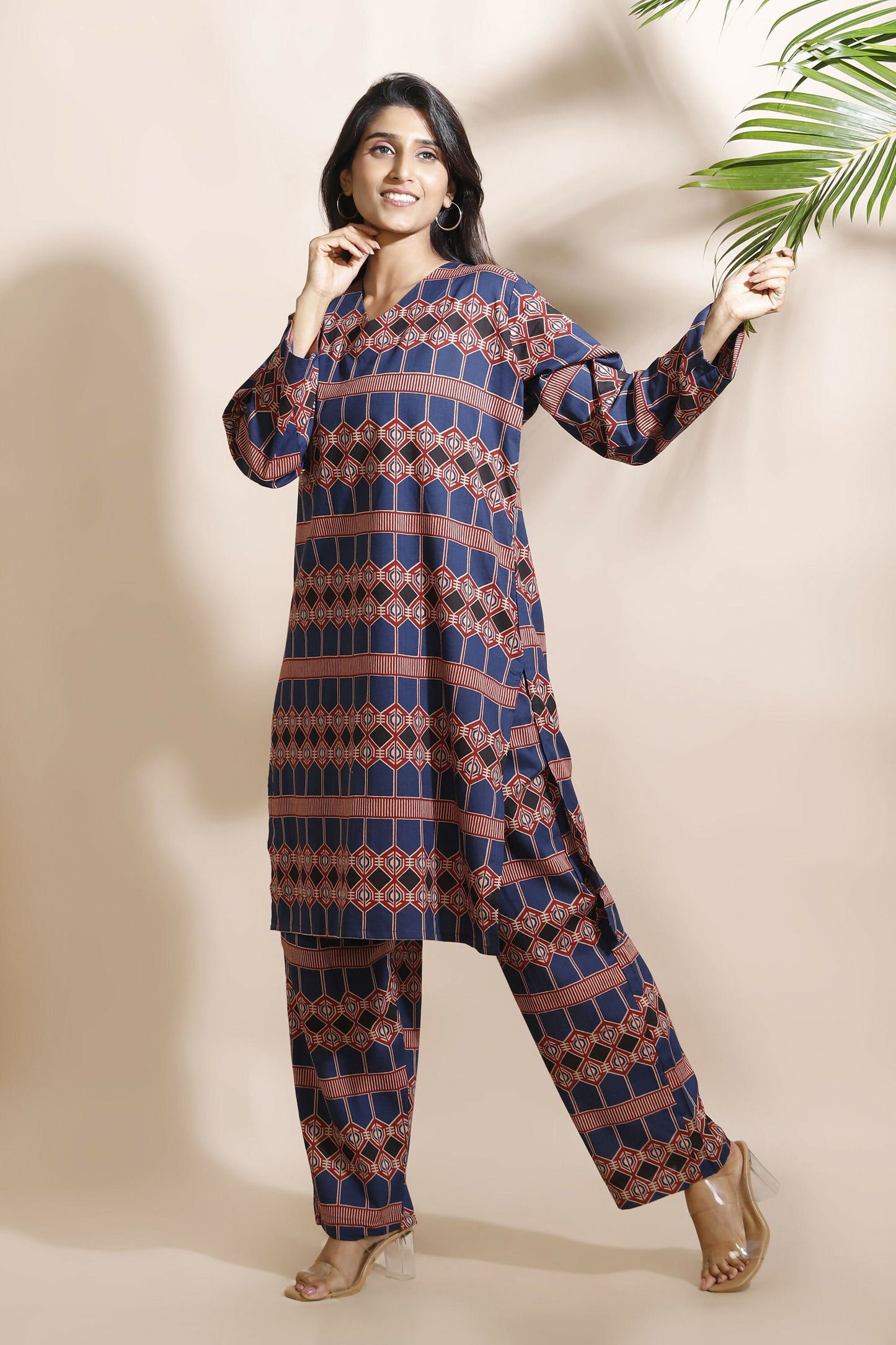 Breathables Women'S Blue Cotton Abstract Print Loungewear Co-Ord Set – Long Kurta & Pants
