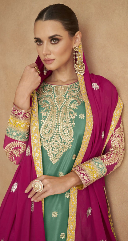 Anaita Sea Green Chiffon Suit with Embroidery Coding Sequence Work