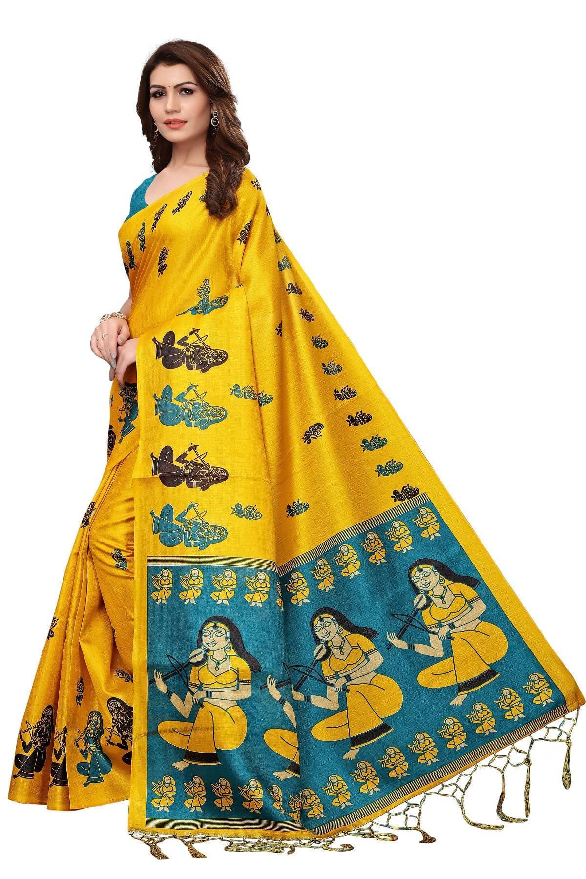 Vamika Yellow & Blue Kalamkari With Jhalar Khadi Silk Saree