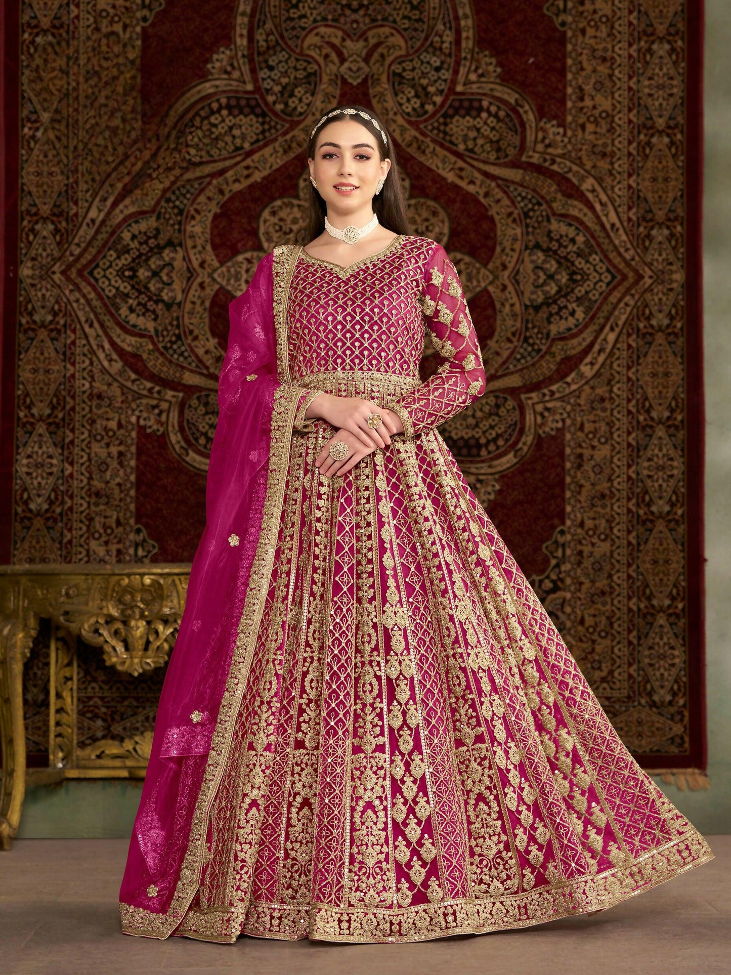 Anaita Rani Pink Embroidered Net Stitched Anarkali Suit