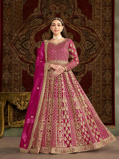 Anaita Rani Pink Embroidered Net Stitched Anarkali Suit