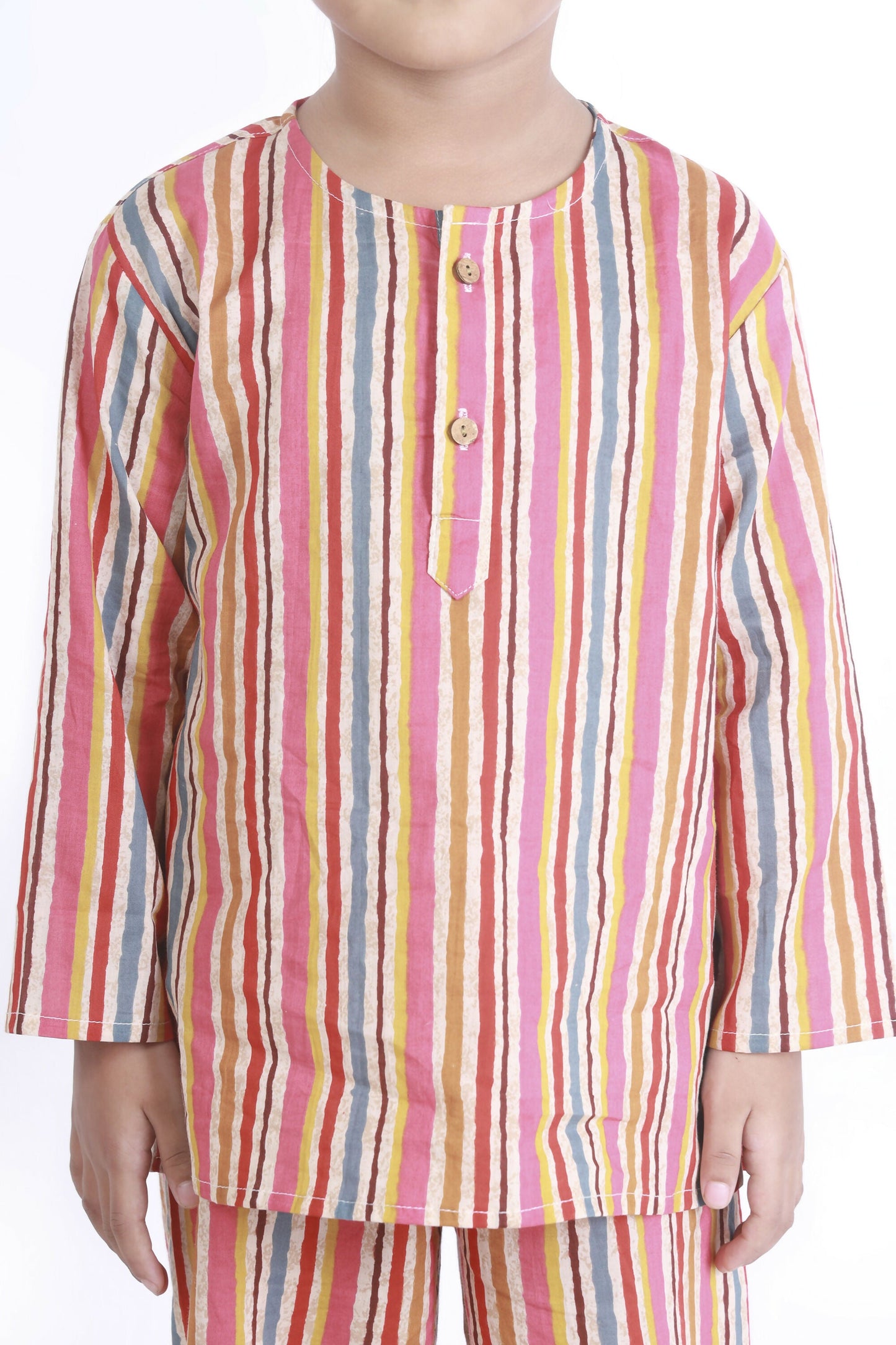Breathables Kids Cotton Stripes Print Kurta Pyjama Night Suit - Multicolor