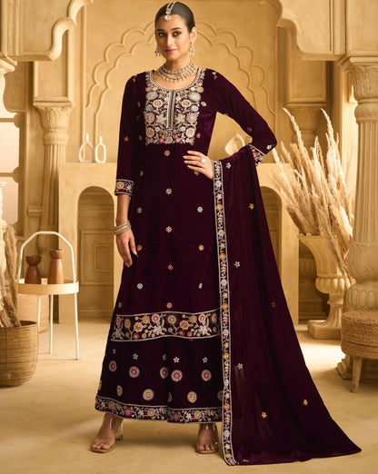 Anaita Maroon Embroidered Work Velvet Stitched Plazo Suit