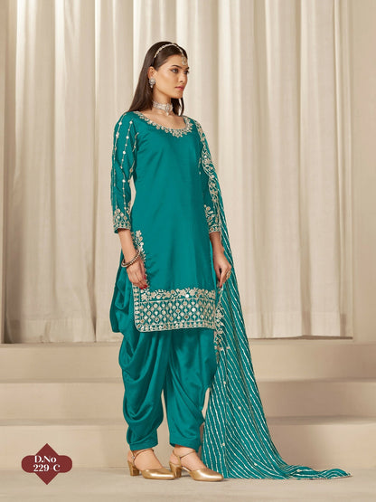 Anaita Turquoise Roman Silk Stitched Suit with Embroidery & Real Mirror Work