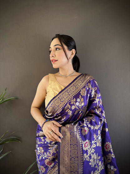 Joban Fashion Violet Floral & Ethnic Motifs Design Soft Silk Meenakari Banarasi Saree