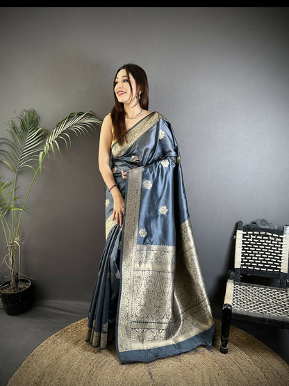 Joban Fashion Grey Floral Jacquard Woven Design Cotton Silk Banarasi Silk Saree