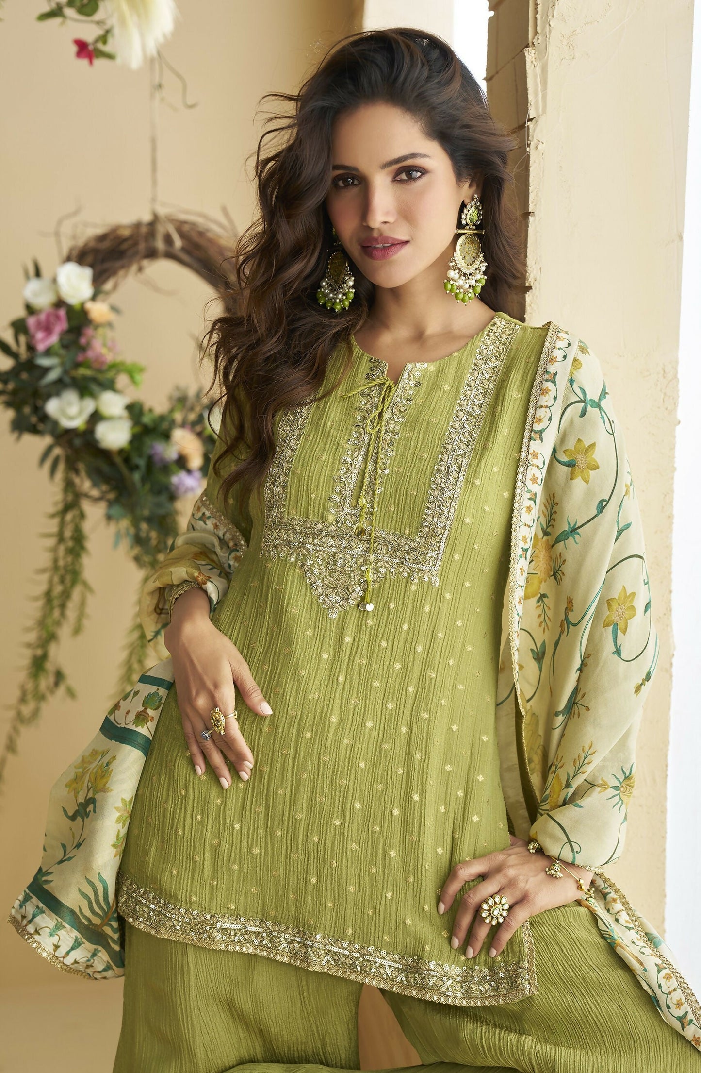 Anaita Green Chinon Readymade Palazzo Suit with Embroidery Sequence Work