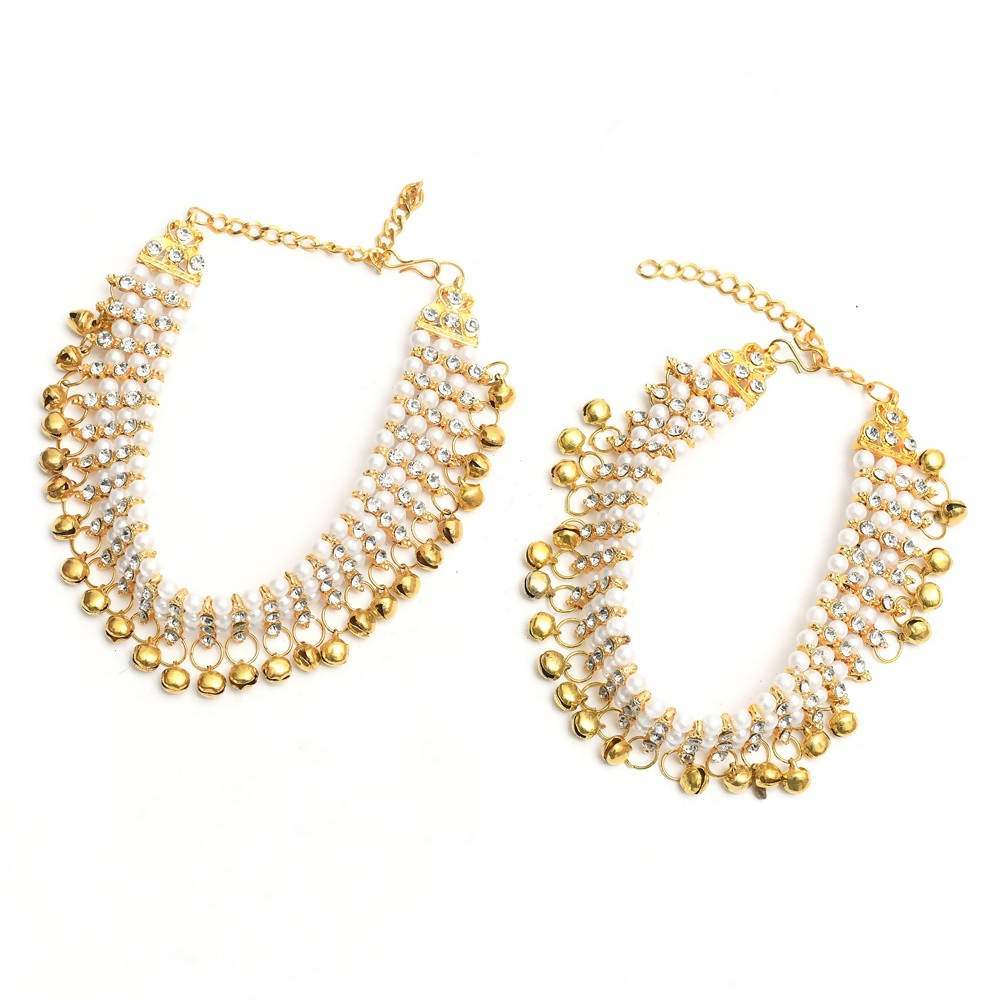 Mominos Fashion Kamal Johar Gold-Polished Pearls Anklets