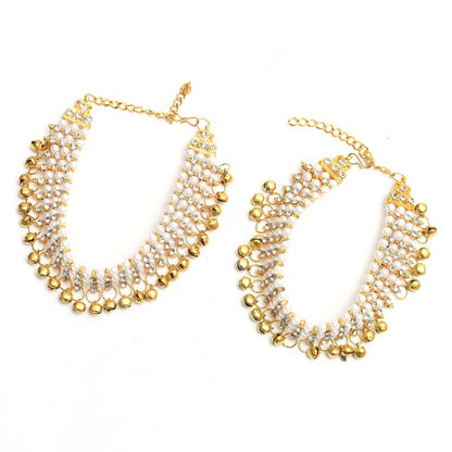 Mominos Fashion Kamal Johar Gold-Polished Pearls Anklets