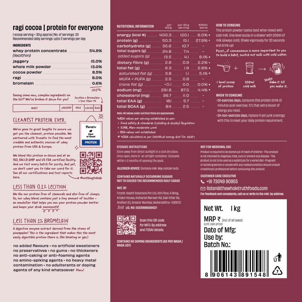 The Whole Truth 15g Protein/Scoop - Ragi Cocoa