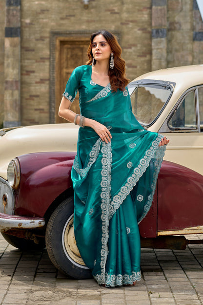 Vastranavya Rama Embroidery Work Shimmer Chiffon Saree with Unstitched Blouse