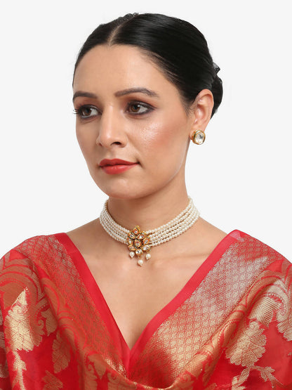 Gold-Polished White Pearl Kundan Choker With Studs - Ruby Raang