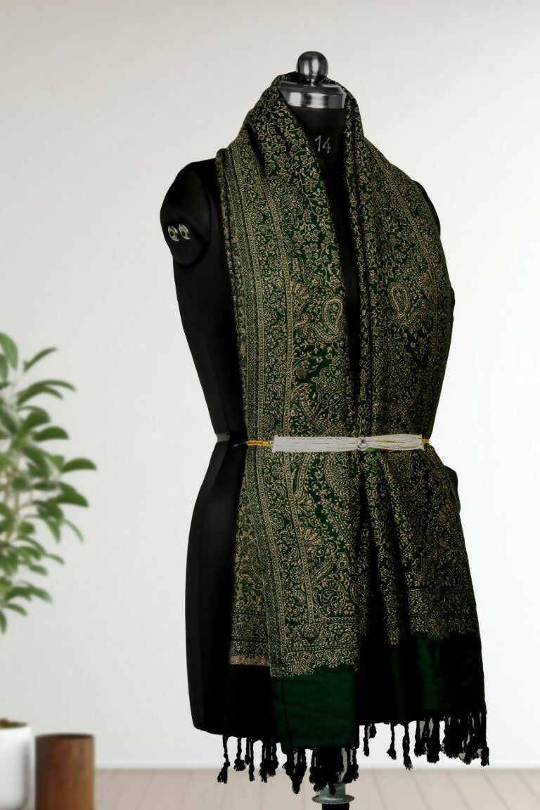 Weaving Mystery Handloom Pashmina Shawl-Kaani Zari - Green