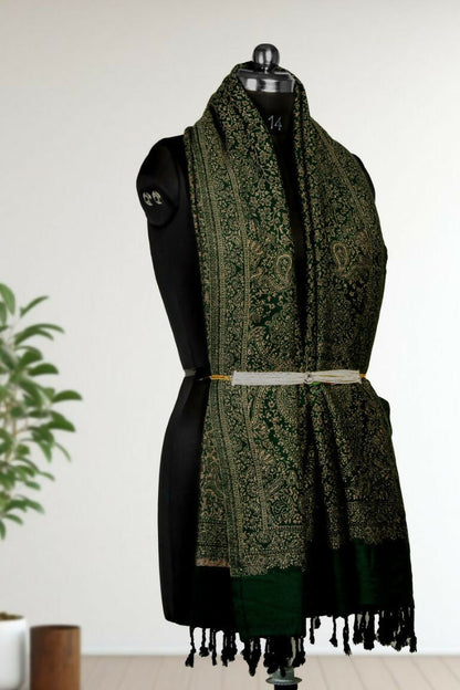 Weaving Mystery Handloom Pashmina Shawl-Kaani Zari - Green