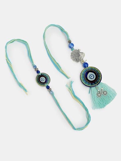 NVR Women & Men Set of 2 Blue Evil Eye & Beaded Bhaiya Bhabi Rakhi With Roli Chawal
