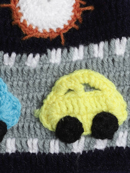 Chutput Kids Woollen Hand Knitted Car Detail Cap - Blue
