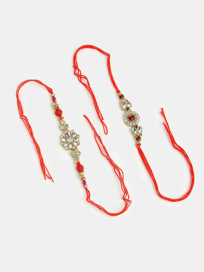 NVR Men Set of 2 Gold-Toned Stone-Studded Rakhi With Roli Chawal & Chocolate