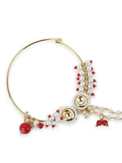 Gold-Polished White Red Kundan Studded Beaded Chained Nose Ring - Ruby Raang