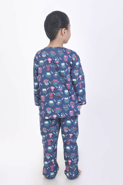 Breathables Kids Cotton Owl Print Co-Ord Night Suit – Navy Blue