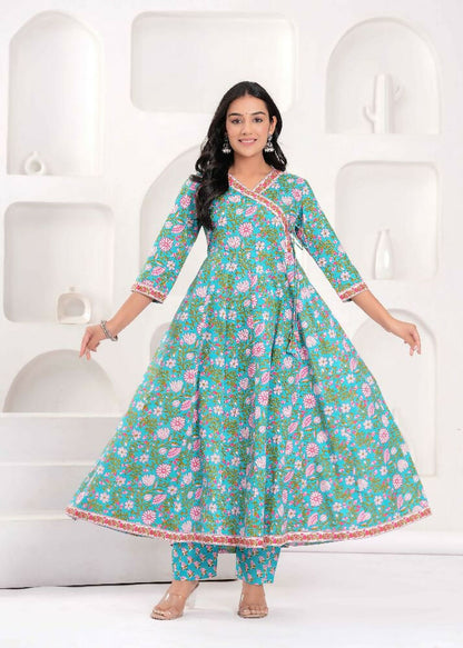 Jaimini Women Cotton Printed V-Neck 3/4 Sleeves Calf Length Angrakha Kurta Pant And Dupatta Set