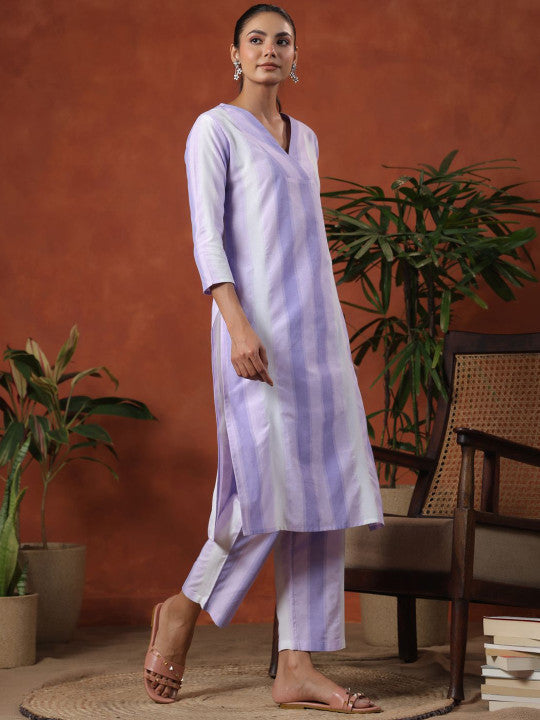 Anayna Striped V-Neck Pure Cotton Straight Kurta With Trousers