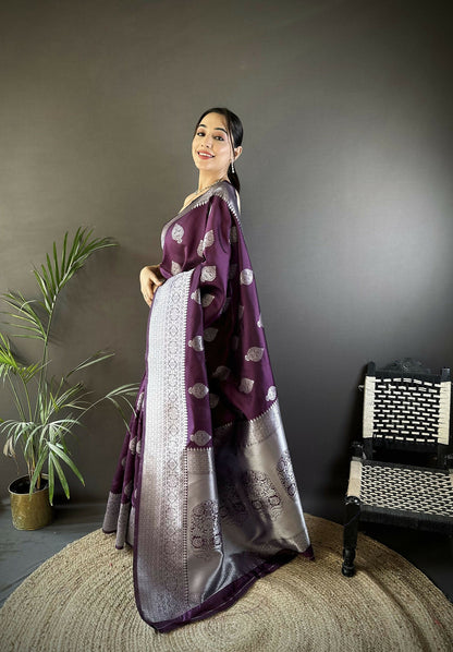 Joban Fashion Wine Floral Motifs Soft Silk Banarasi Saree