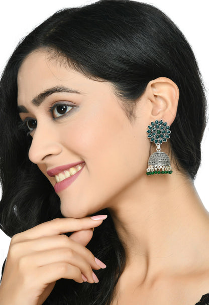 Mominos Fashion Joharkamal Kundan work Jhumka with Green Beads
