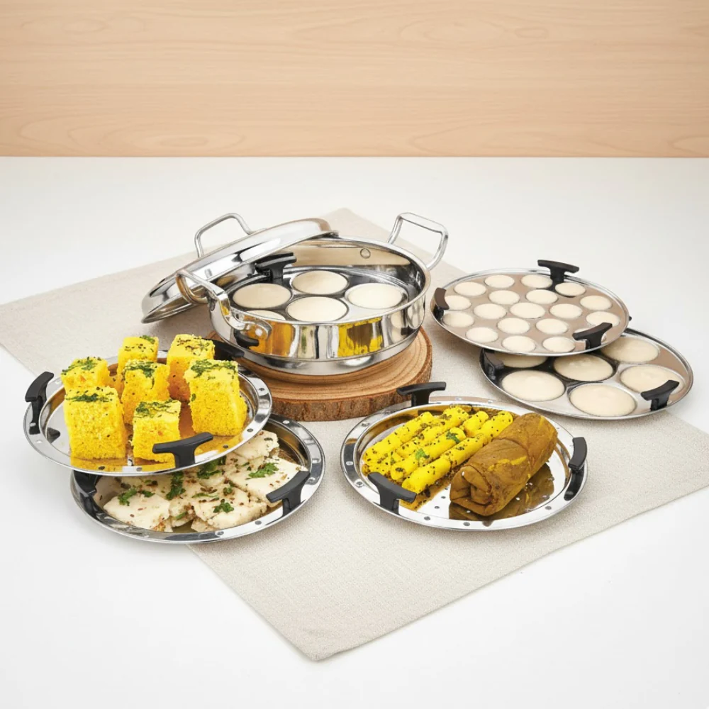 Vinod Doniv Titanium Triply Stainless Steel Multi Kadhai 6 Plates Idli Steamer Induction