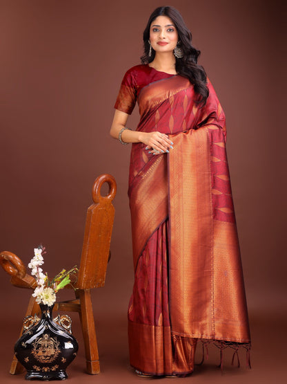 Anaita Maroon Banarasi Silk Woven Saree With Blouse