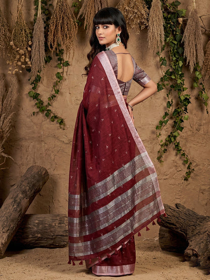 Anaita Maroon Linen Cotton Zari Work Saree With Blouse