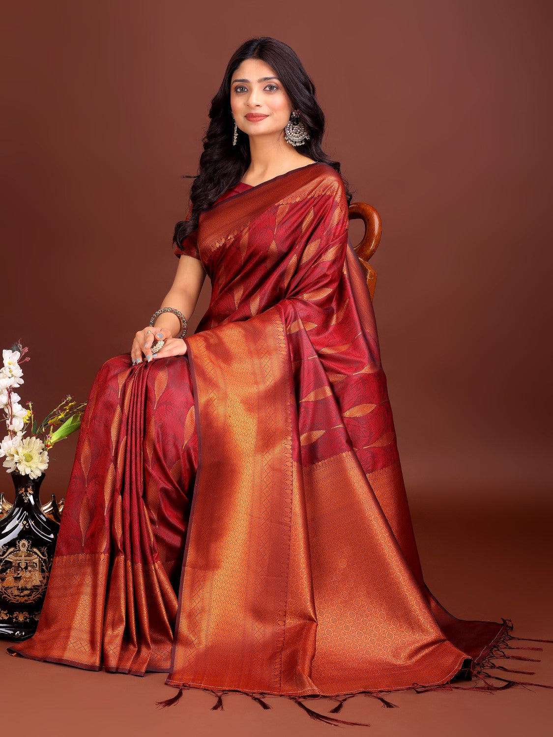 Anaita Maroon Banarasi Silk Woven Saree With Blouse